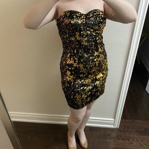 Black and Gold Strapless Sequin Dress